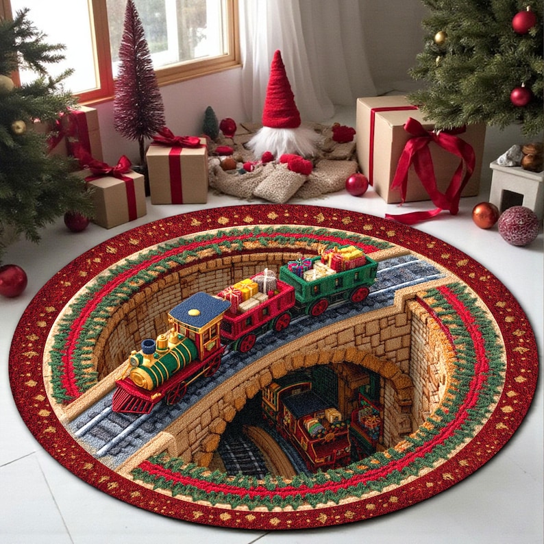 Outdoor Camping Rugs - Round Christmas Train Doormat,Holiday Railway Carpet